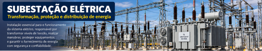 Subestação elétrica de alta tensão com transformadores e equipamentos de manobra.